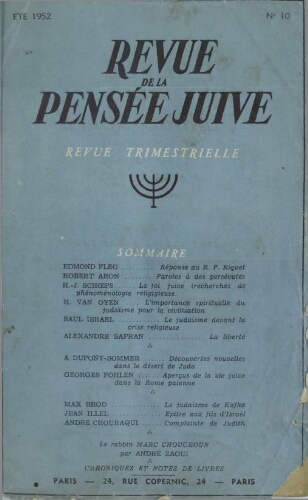 Revue de la Pensée Juive N°10 (01 juil. 1952)
